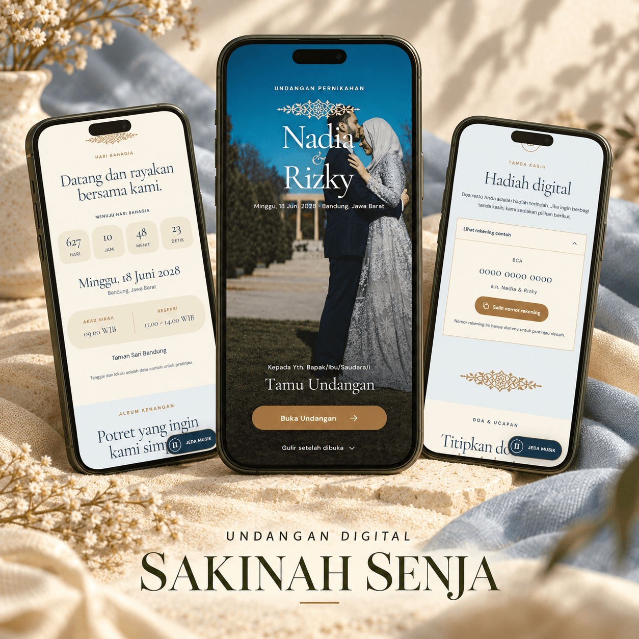 Tiga tampilan undangan digital tema Sakinah Senja