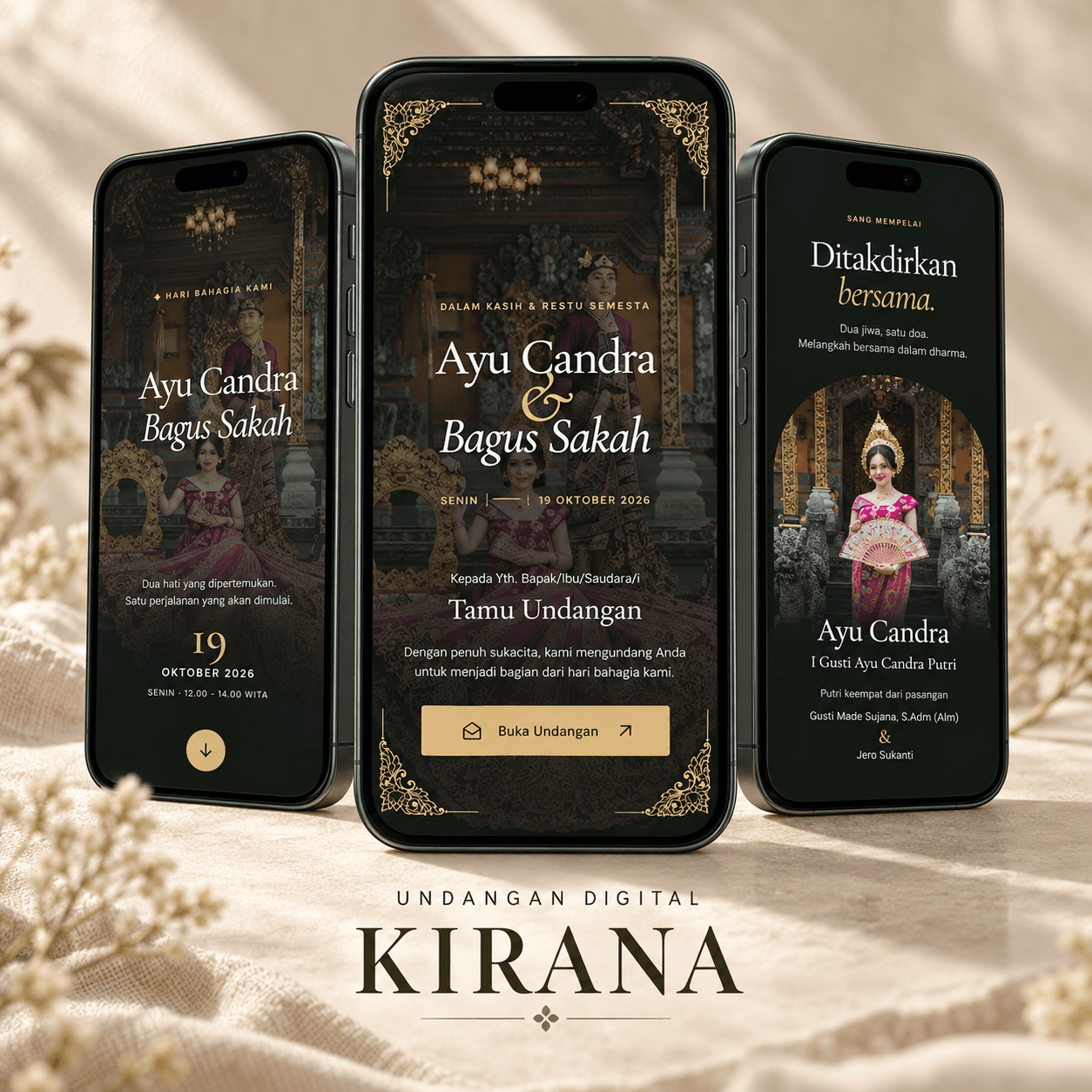 Tiga tampilan undangan digital Kirana pada ponsel
