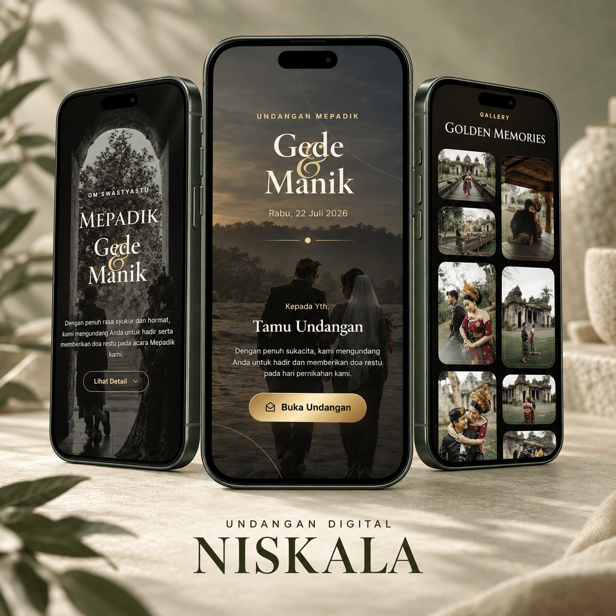 Tiga tampilan undangan digital tema Niskala