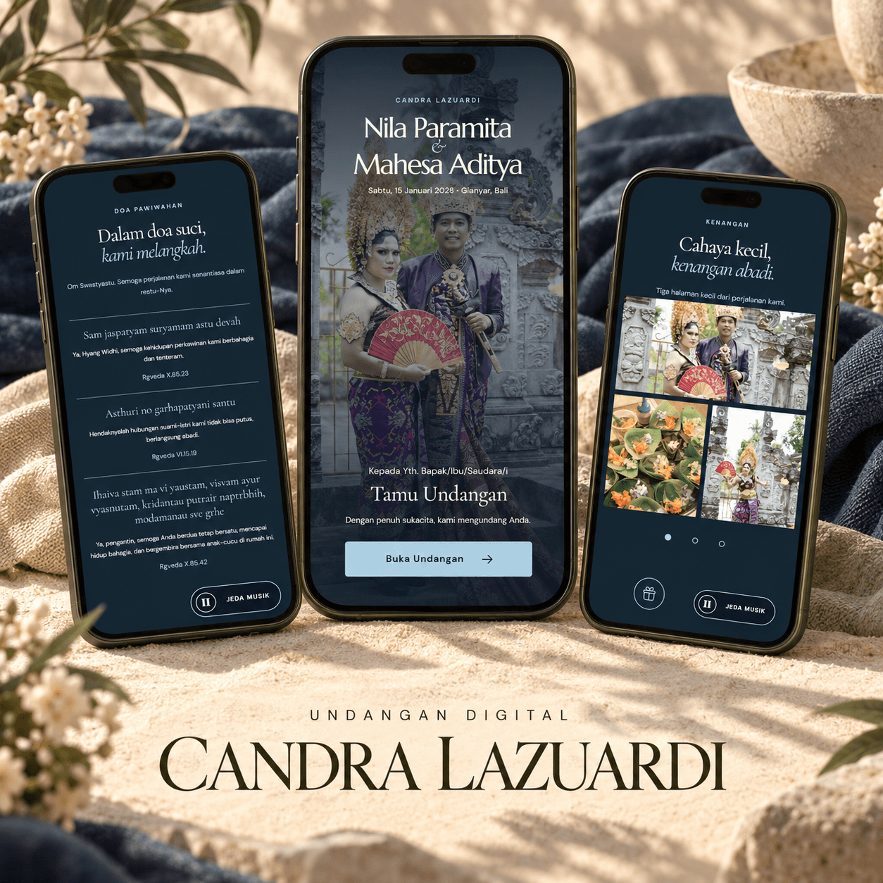 Tiga tampilan undangan digital tema Candra Lazuardi