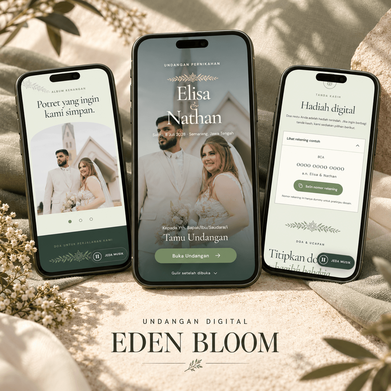 Tiga tampilan undangan digital tema Eden Bloom