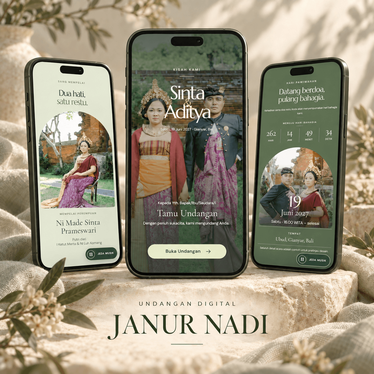 Tiga tampilan undangan digital tema Janur Nadi