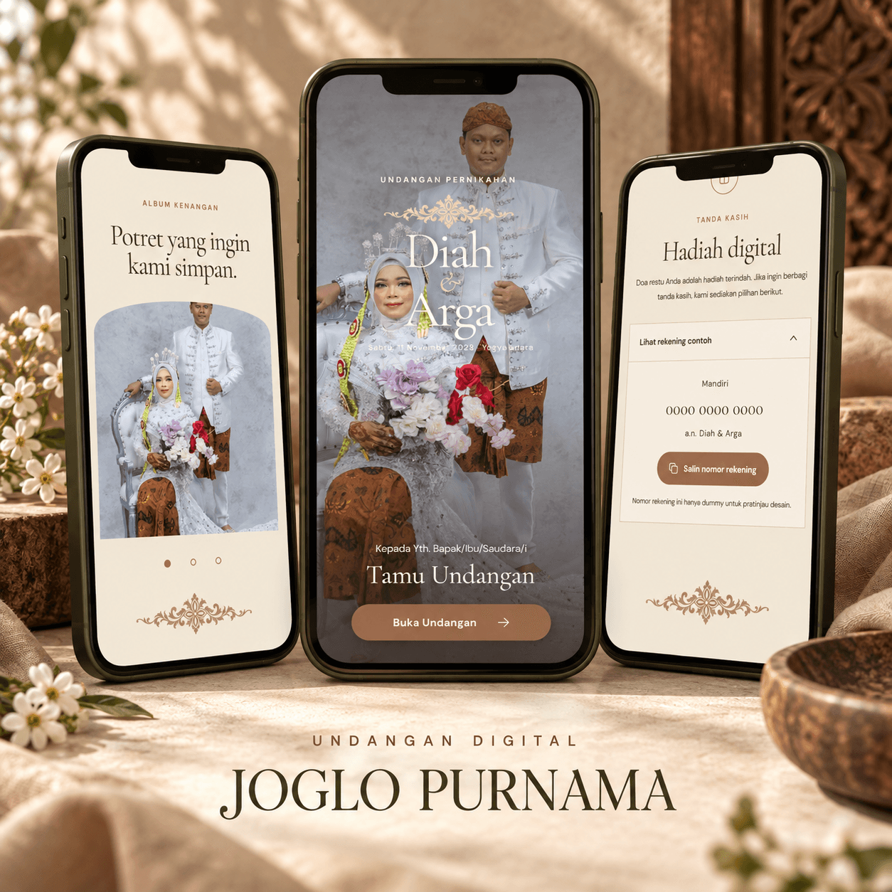 Tiga tampilan undangan digital tema Joglo Purnama