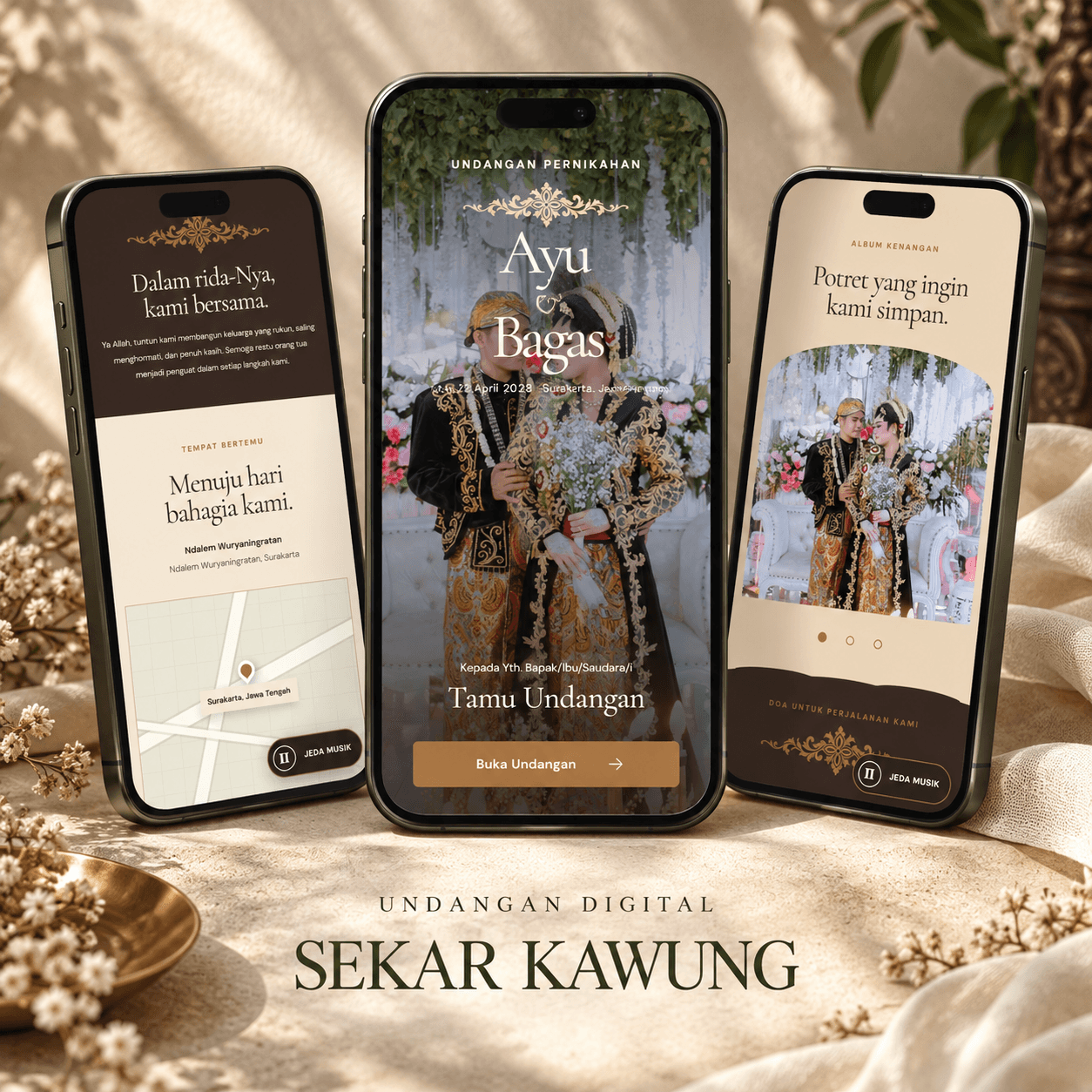 Tiga tampilan undangan digital tema Sekar Kawung