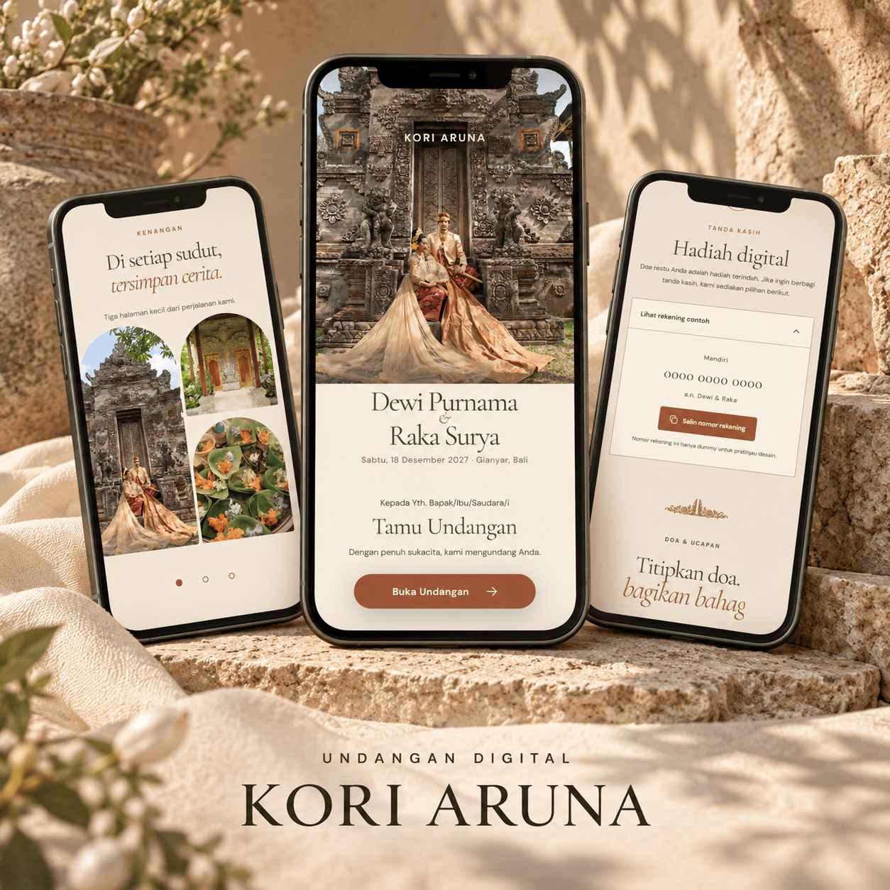 Tiga tampilan undangan digital tema Kori Aruna