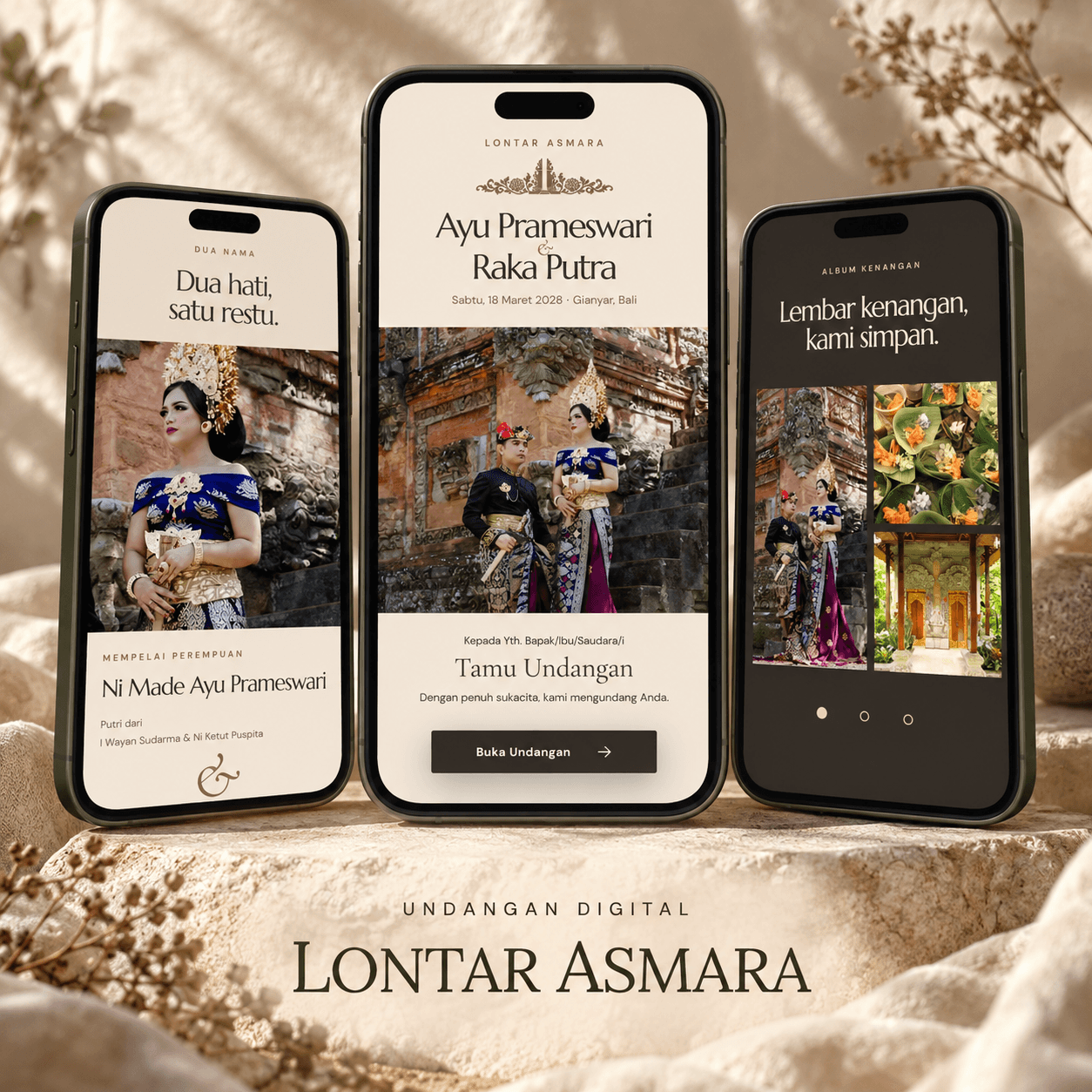 Tiga tampilan undangan digital tema Lontar Asmara