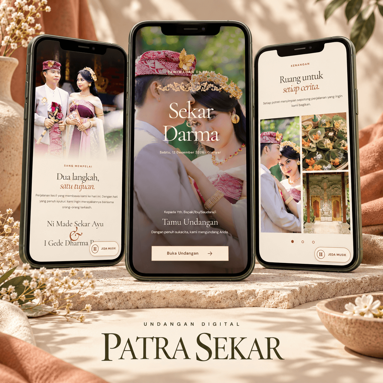 Tiga tampilan undangan digital tema Patra Sekar