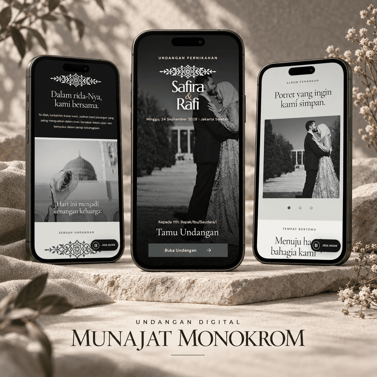Tiga tampilan undangan digital tema Munajat Monokrom