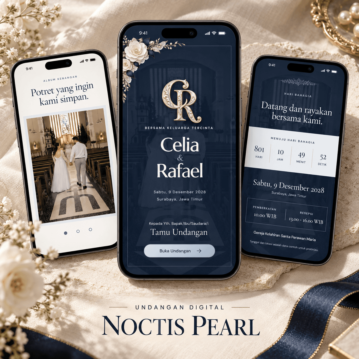 Tiga tampilan undangan digital tema Noctis Pearl