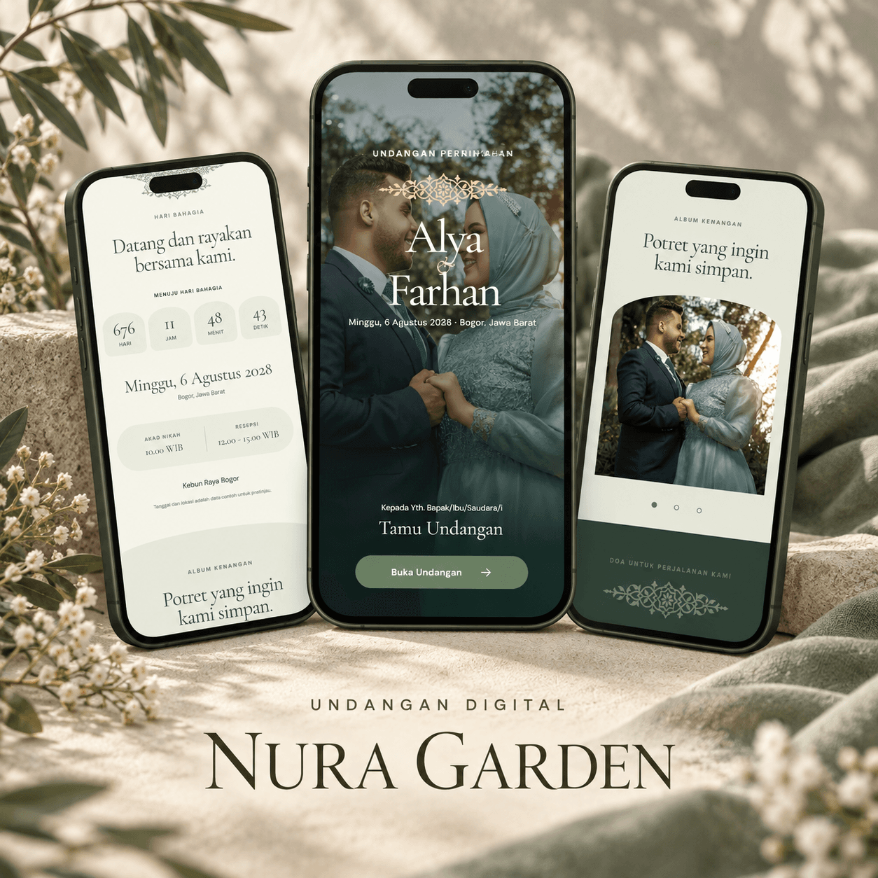 Tiga tampilan undangan digital tema Nura Garden