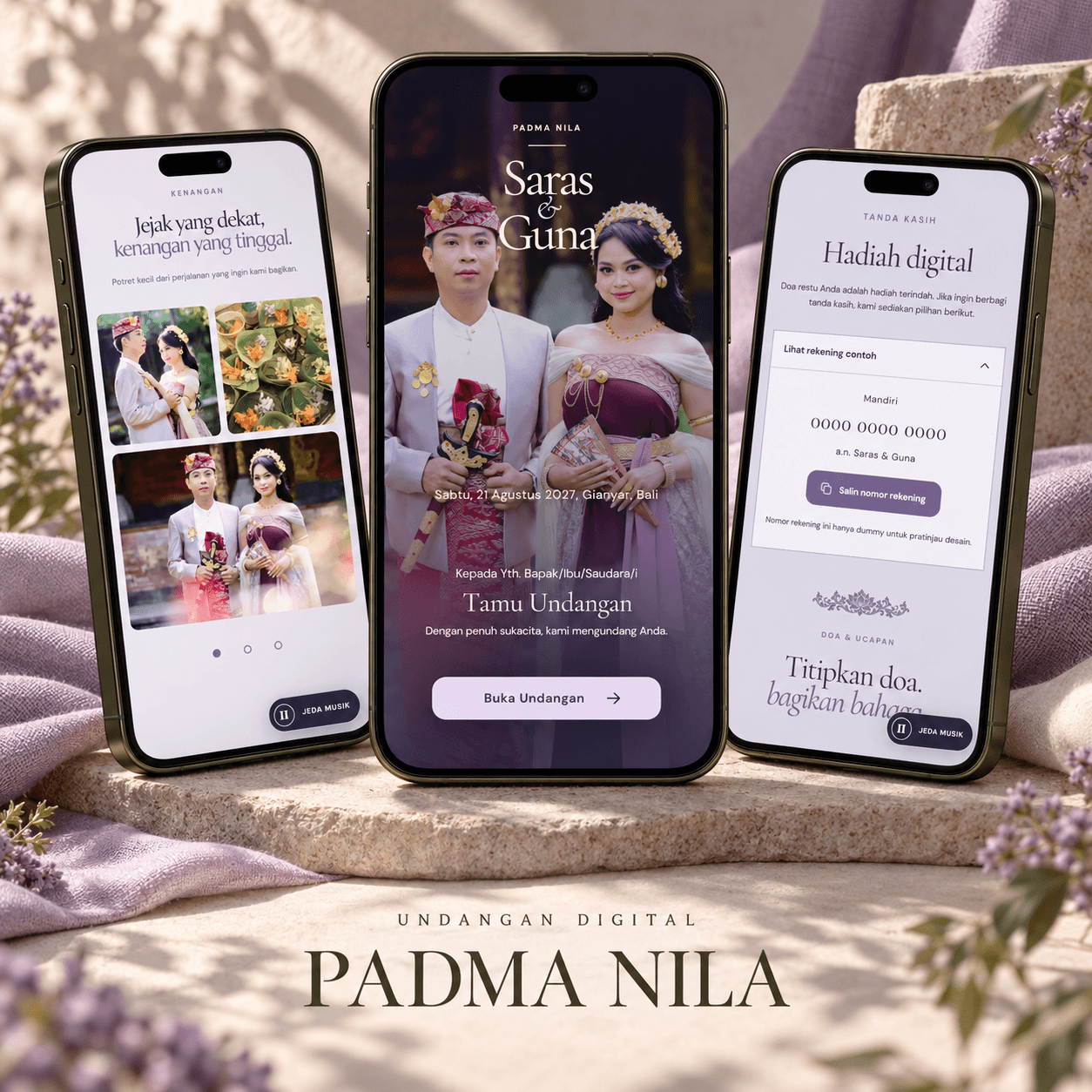 Tiga tampilan undangan digital tema Padma Nila