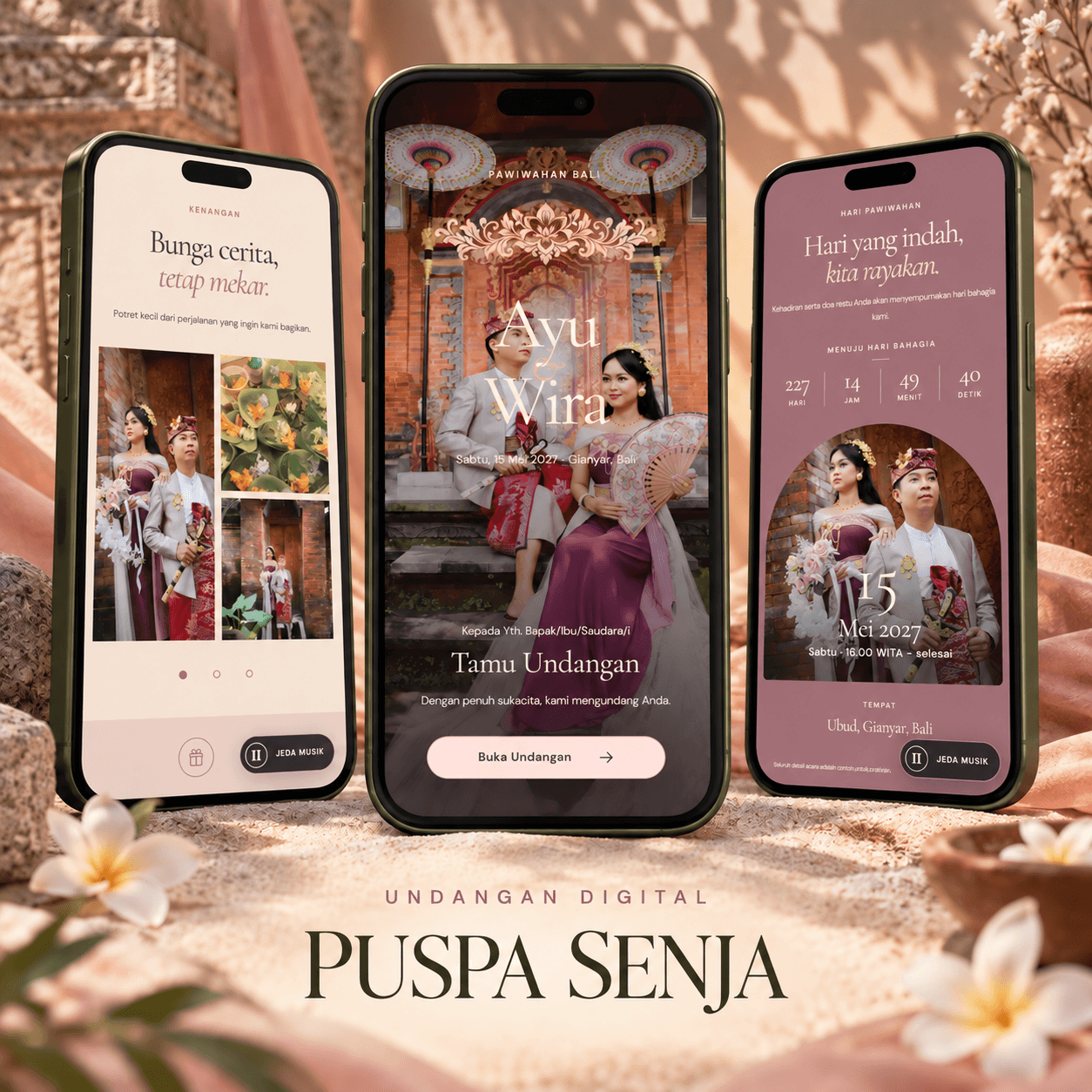 Tiga tampilan undangan digital tema Puspa Senja