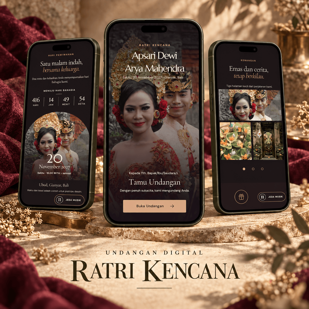 Tiga tampilan undangan digital tema Ratri Kencana