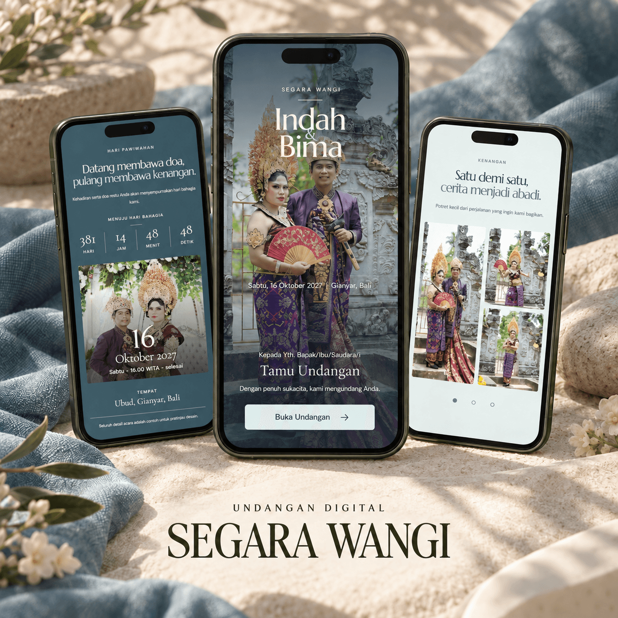 Tiga tampilan undangan digital tema Segara Wangi