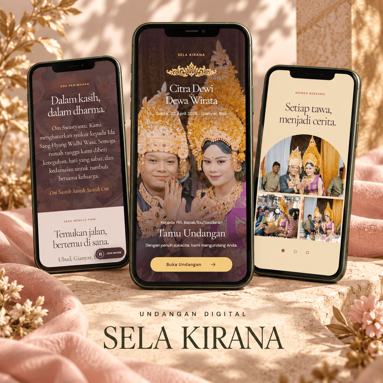 Tiga tampilan undangan digital tema Sela Kirana