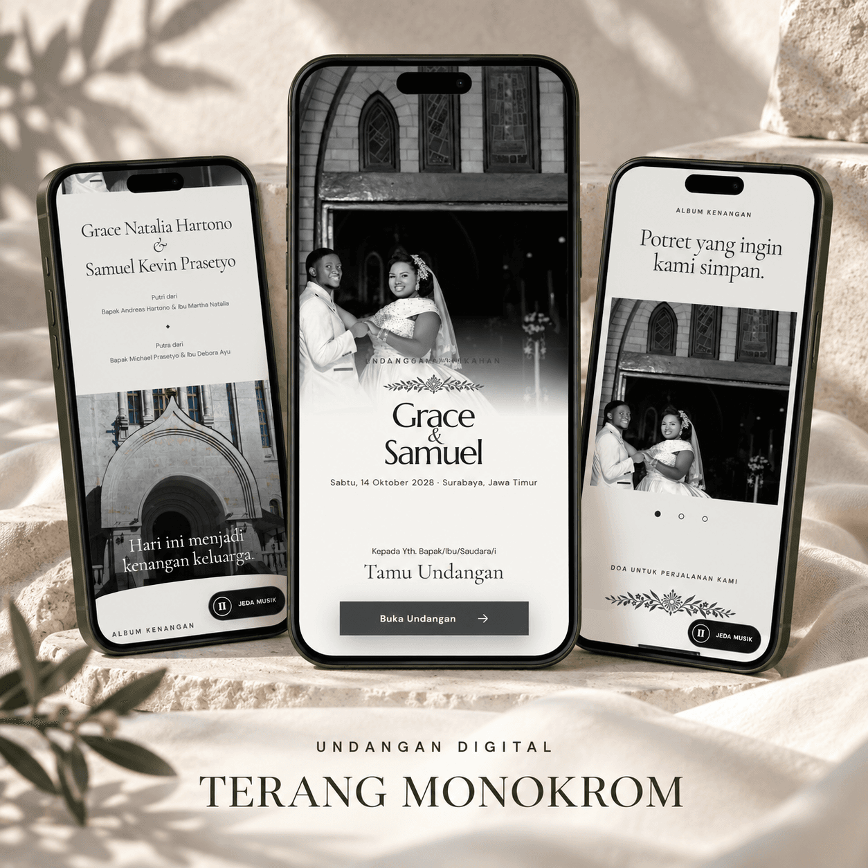 Tiga tampilan undangan digital tema Terang Monokrom