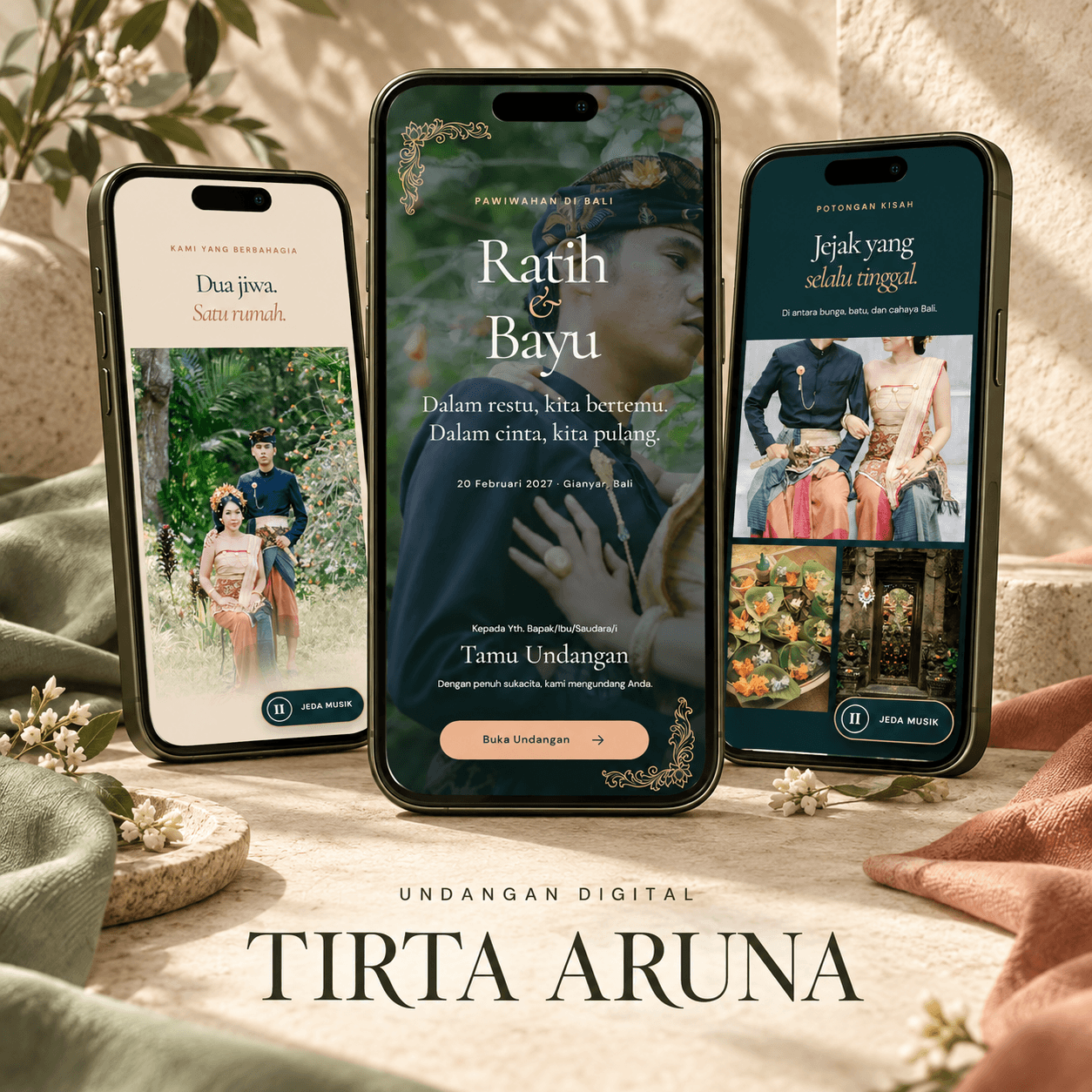 Tiga tampilan undangan digital tema Tirta Aruna