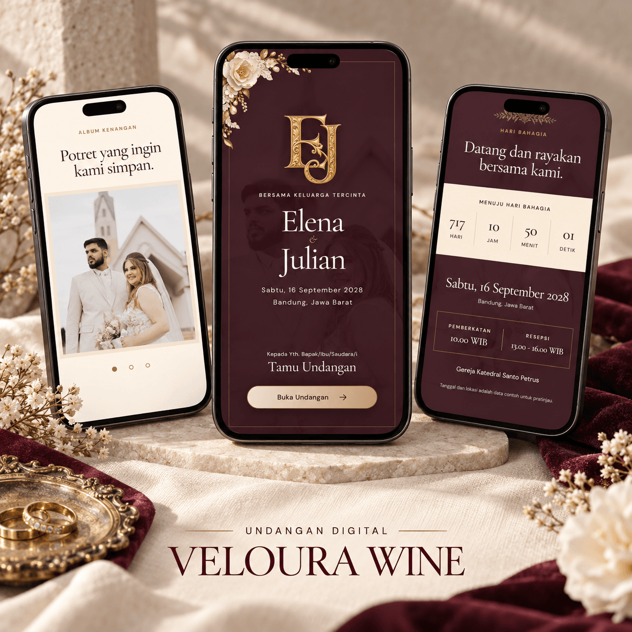 Tiga tampilan undangan digital tema Veloura Wine