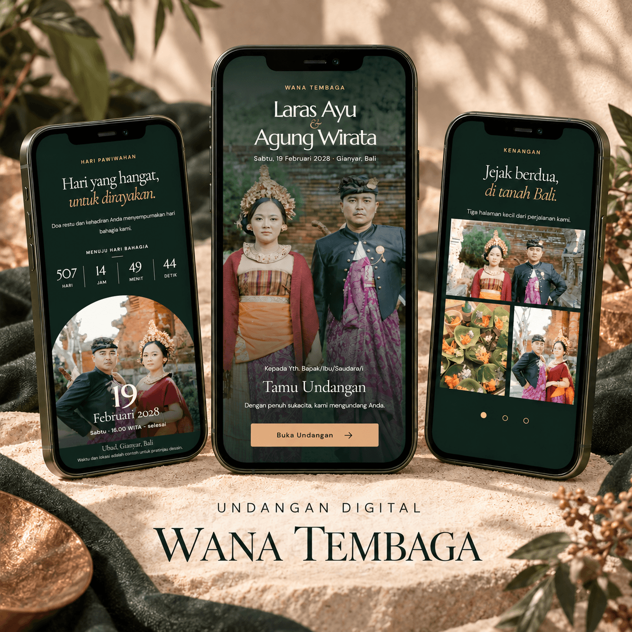 Tiga tampilan undangan digital tema Wana Tembaga
