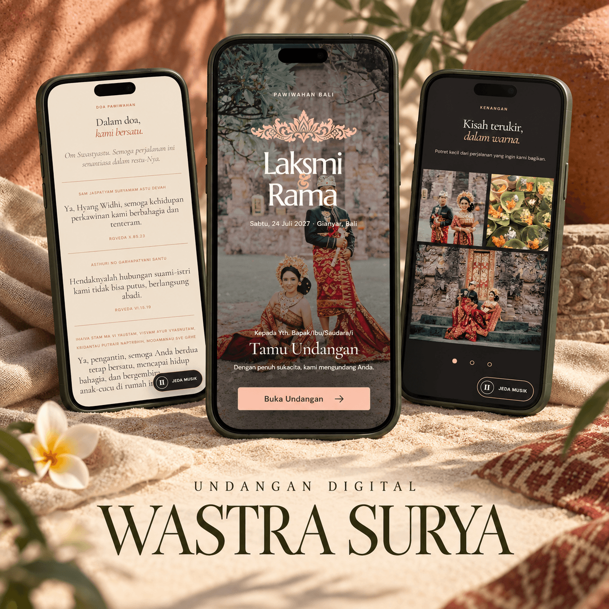 Tiga tampilan undangan digital tema Wastra Surya