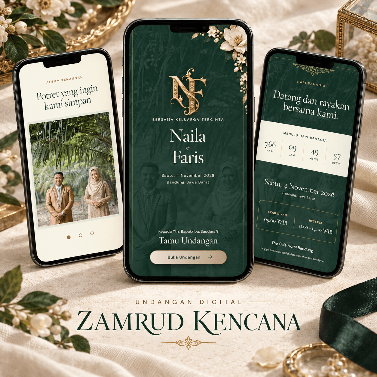 Tiga tampilan undangan digital tema Zamrud Kencana